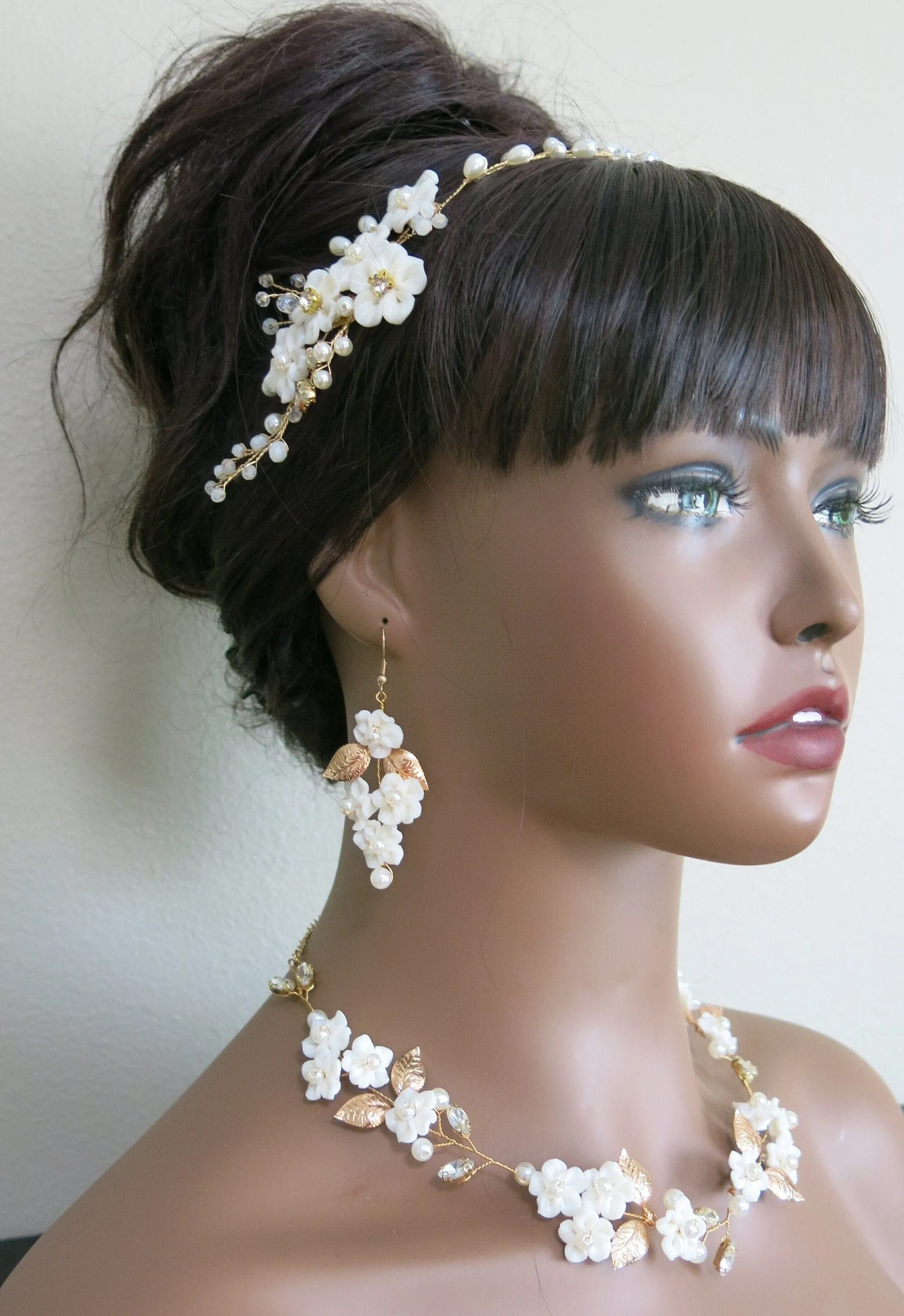 White Flower Wedding 3 PC Jewelry Set, Porcelain Flower Necklace and Earrings, or Floral Wire Bracelet or Headband