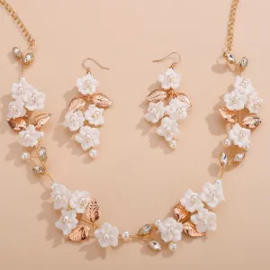 White Flower Wedding 3 PC Jewelry Set, Porcelain Flower Necklace and Earrings, or Floral Wire Bracelet or Headband