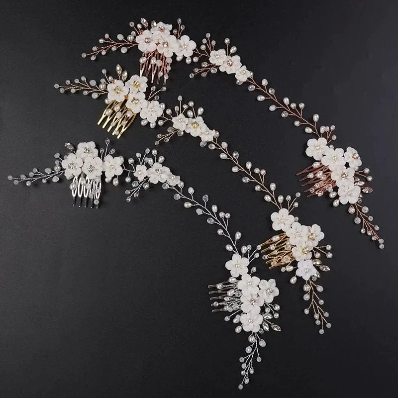 White Flower Wedding 3 PC Jewelry Set, Porcelain Flower Necklace and Earrings, or Floral Wire Bracelet or Headband