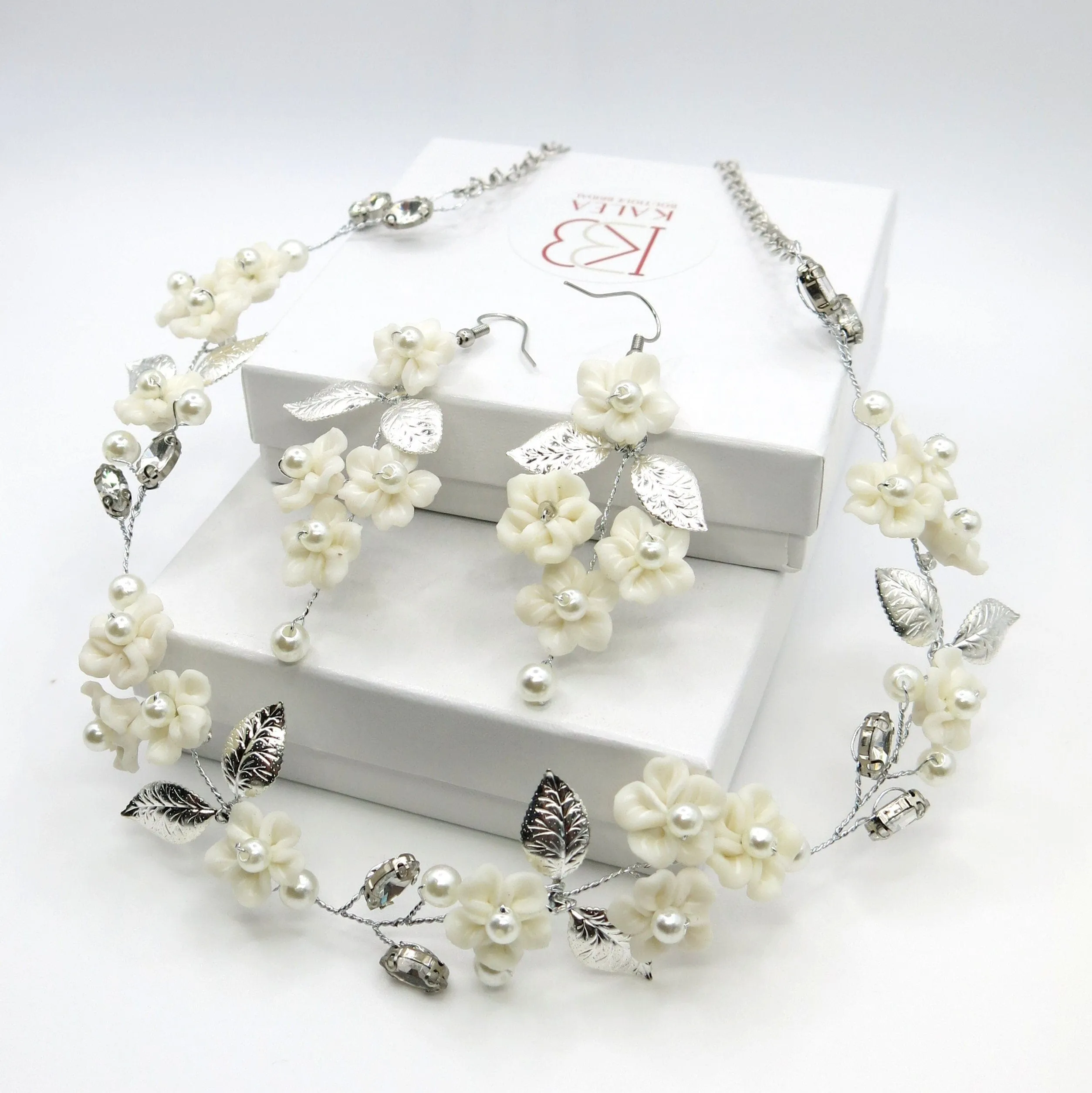 White Flower Wedding 3 PC Jewelry Set, Porcelain Flower Necklace and Earrings, or Floral Wire Bracelet or Headband