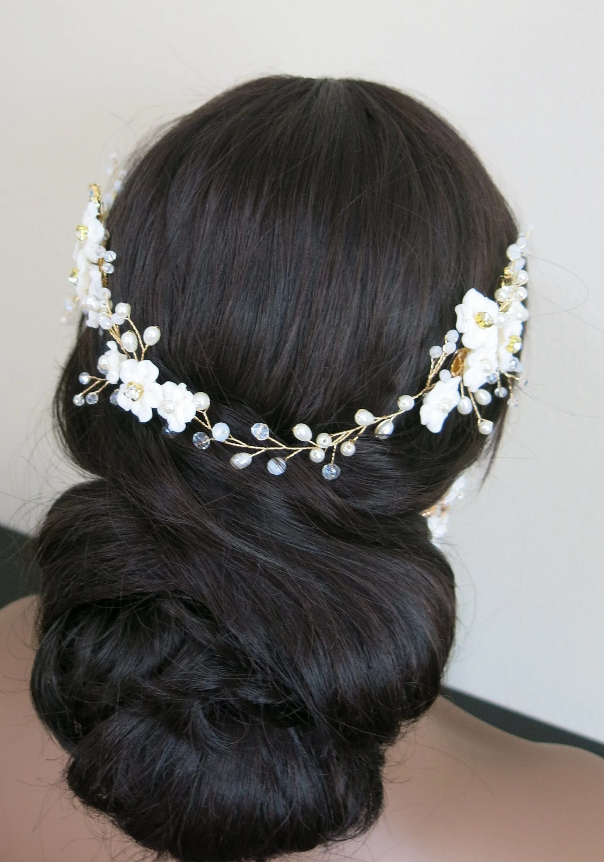 White Flower Wedding 3 PC Jewelry Set, Porcelain Flower Necklace and Earrings, or Floral Wire Bracelet or Headband