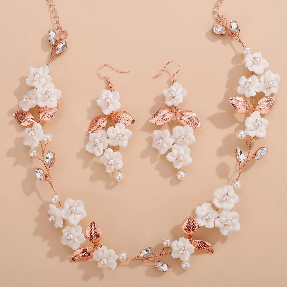 White Flower Wedding 3 PC Jewelry Set, Porcelain Flower Necklace and Earrings, or Floral Wire Bracelet or Headband