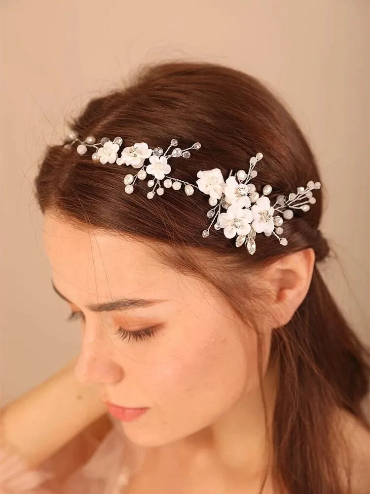 White Flower Wedding 3 PC Jewelry Set, Porcelain Flower Necklace and Earrings, or Floral Wire Bracelet or Headband
