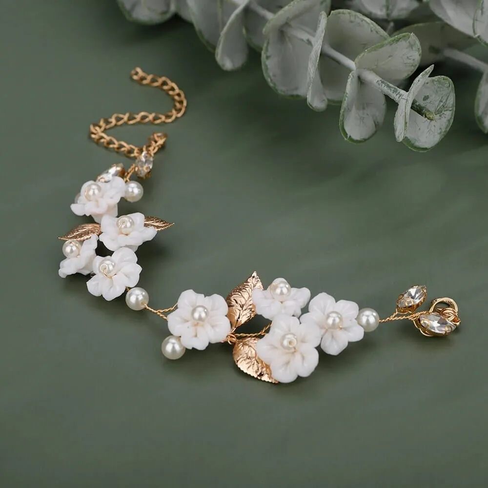 White Flower Wedding 3 PC Jewelry Set, Porcelain Flower Necklace and Earrings, or Floral Wire Bracelet or Headband