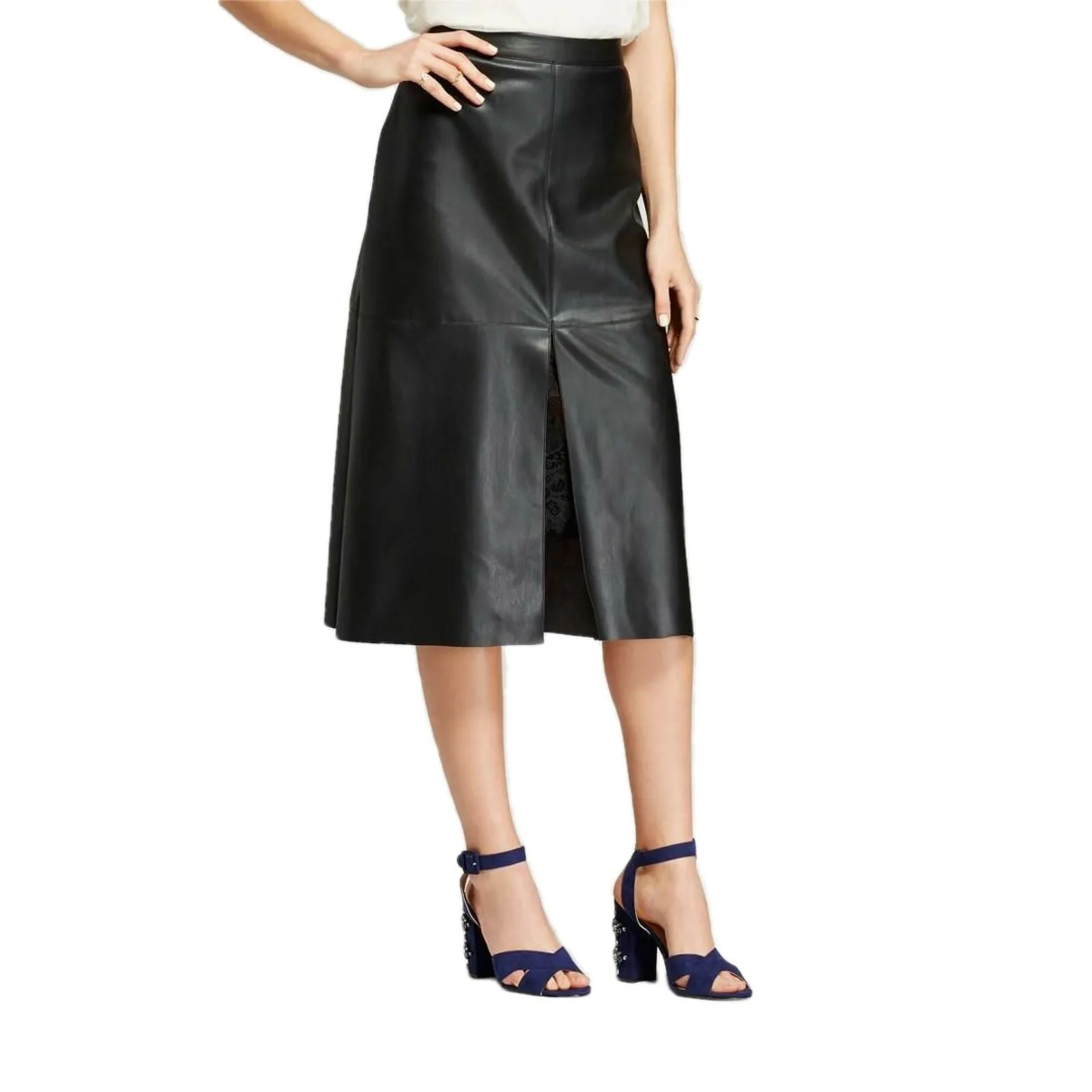 Who What Wear Women's Faux Leather Midi Skirt With Lace Underlay