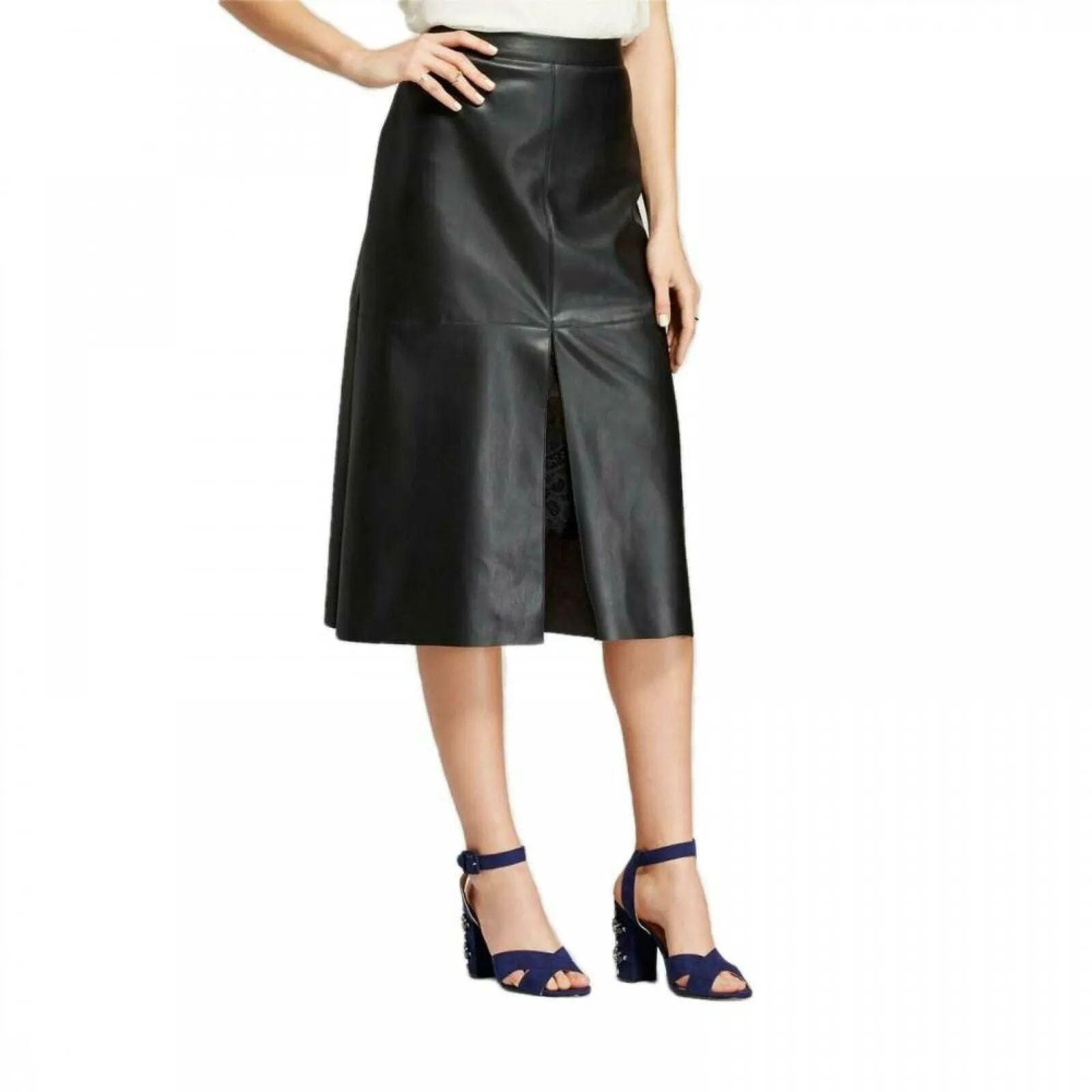 Who What Wear Women's Faux Leather Midi Skirt With Lace Underlay