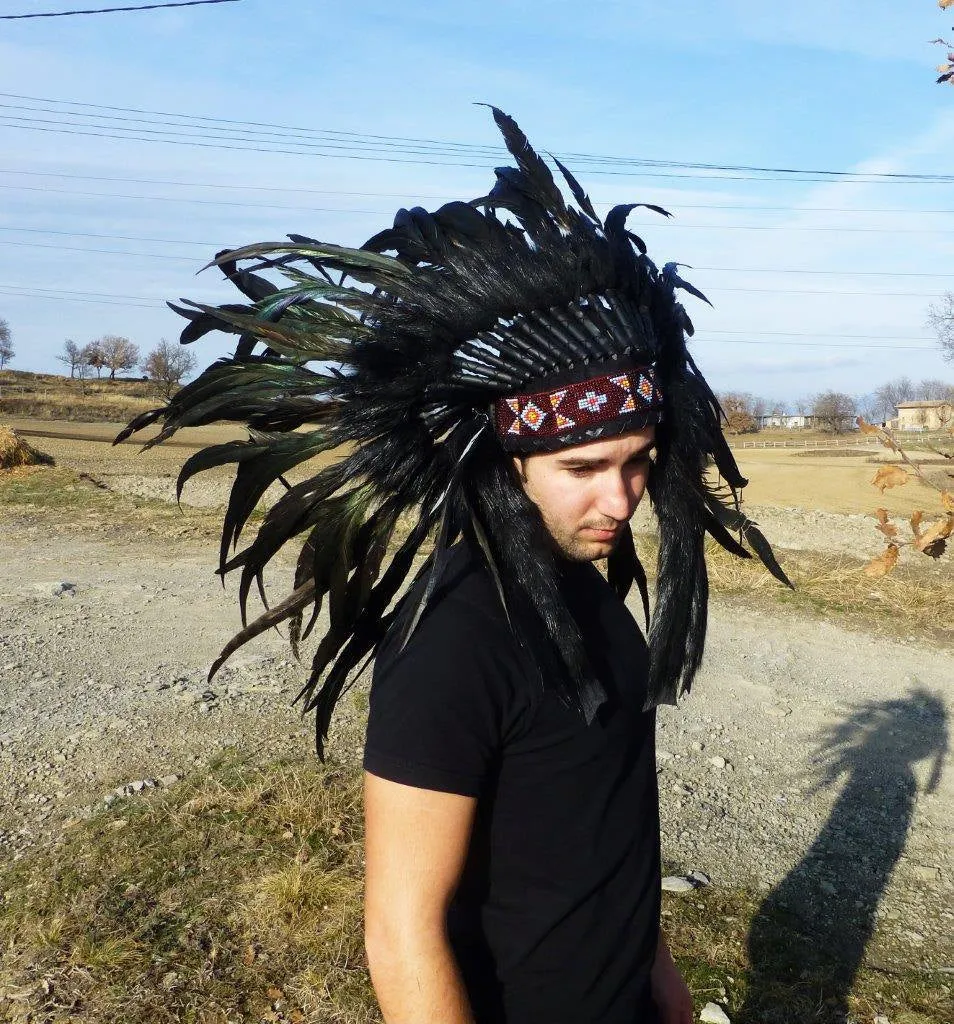 X52 Reduced Price !!! Black natural colour Feather Headdress / Warbonnet.