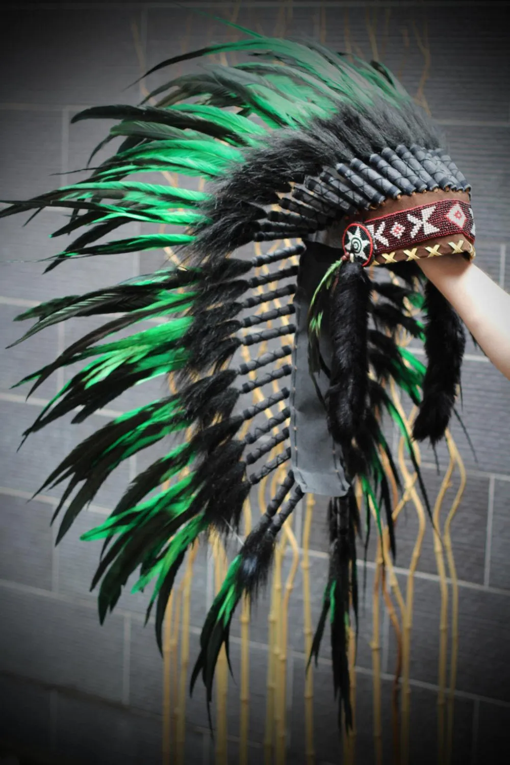 Y55 - Medium  Green  Feather Headdress (36  inch long )/ war bonnet