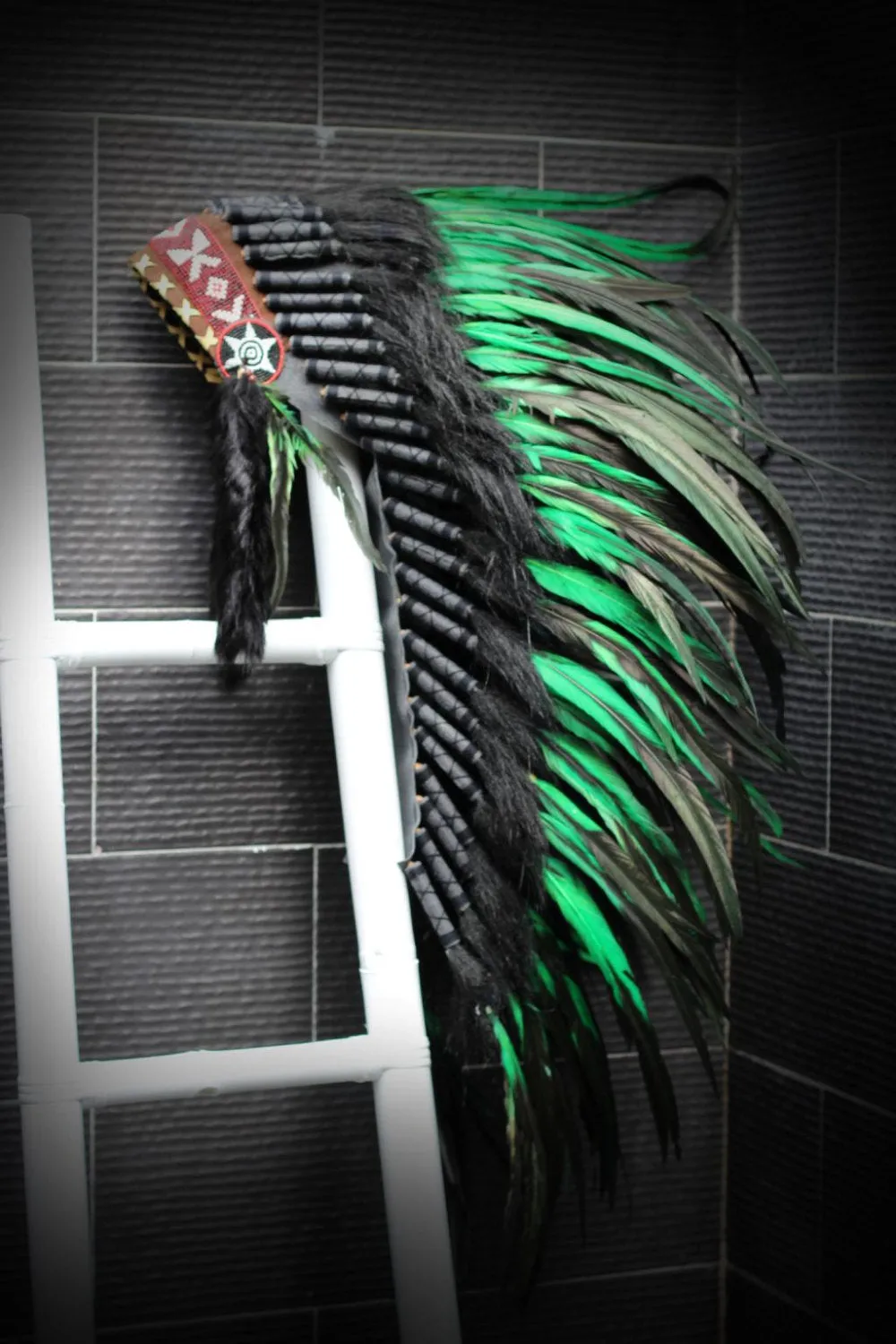 Y55 - Medium  Green  Feather Headdress (36  inch long )/ war bonnet