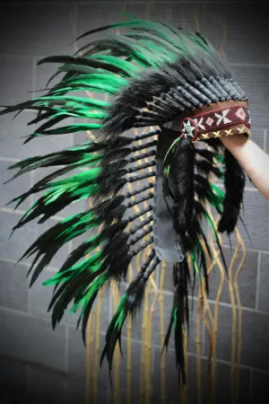 Y55 - Medium  Green  Feather Headdress (36  inch long )/ war bonnet